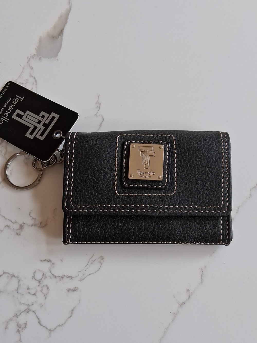 Tignanello Black Pebbled Leather Key & Card Holder with Gold Logo